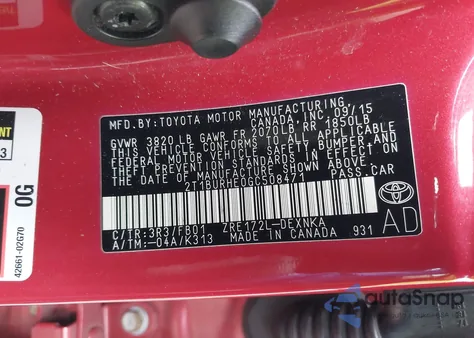 2016 Toyota Corolla Le из США, поврежденный, VIN 2T1BURHE0GC508471